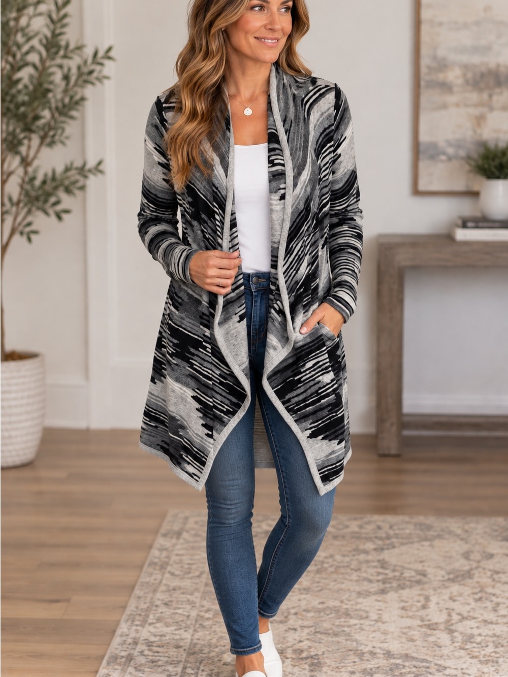 Lucky Brand Blue & Gray Draped Open-Front Women's Cardigan